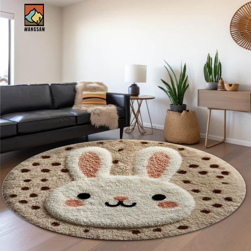 Cute Bunny Round Rug Flannel Soft Non Slip Kids Room Decor Nursery Floor Mat Washable Cartoon Animal Design for Bedroom Bathroom