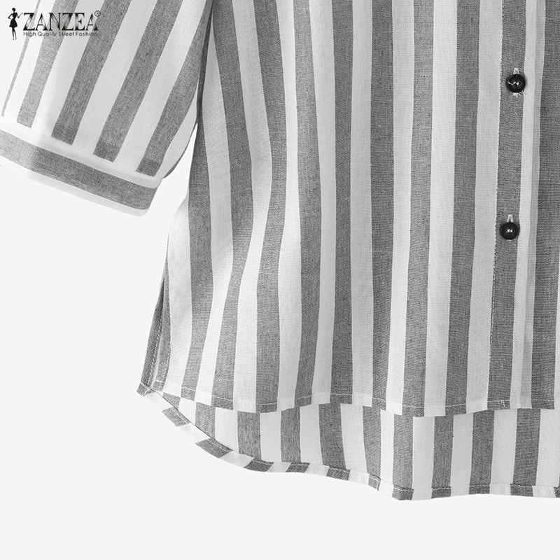 ZANZEA Camicetta a righe con maniche a 3/4 e colletto alto casual da donna