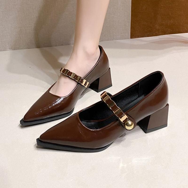 Fashion French Pointed Toe Mary Jane Single Shoes Women's 2025 Fall New Shallow Mouth Block Heel Pump Shoes