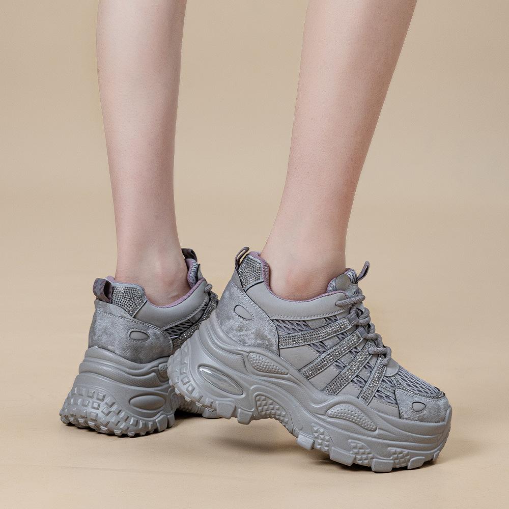 Autumn mesh diamond-encrusted dad shoes women's autumn new thick-soled heightening fashionable versatile sports and leisure shoes