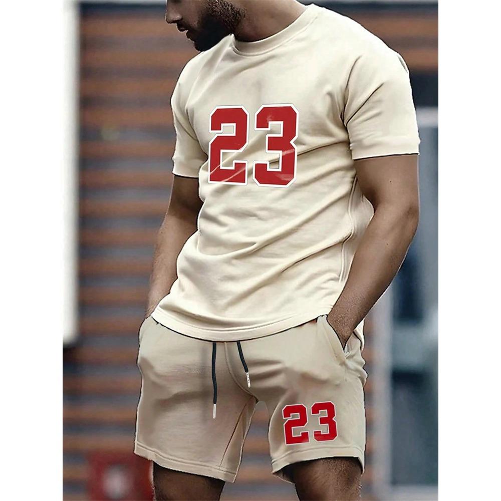 Tuta Sportiva da Uomo a 2 Pezzi Manica Corta 2024 Moda 23 T-shirt Girocollo Stampata Digitalmente e Set di Pantaloncini con Coulisse