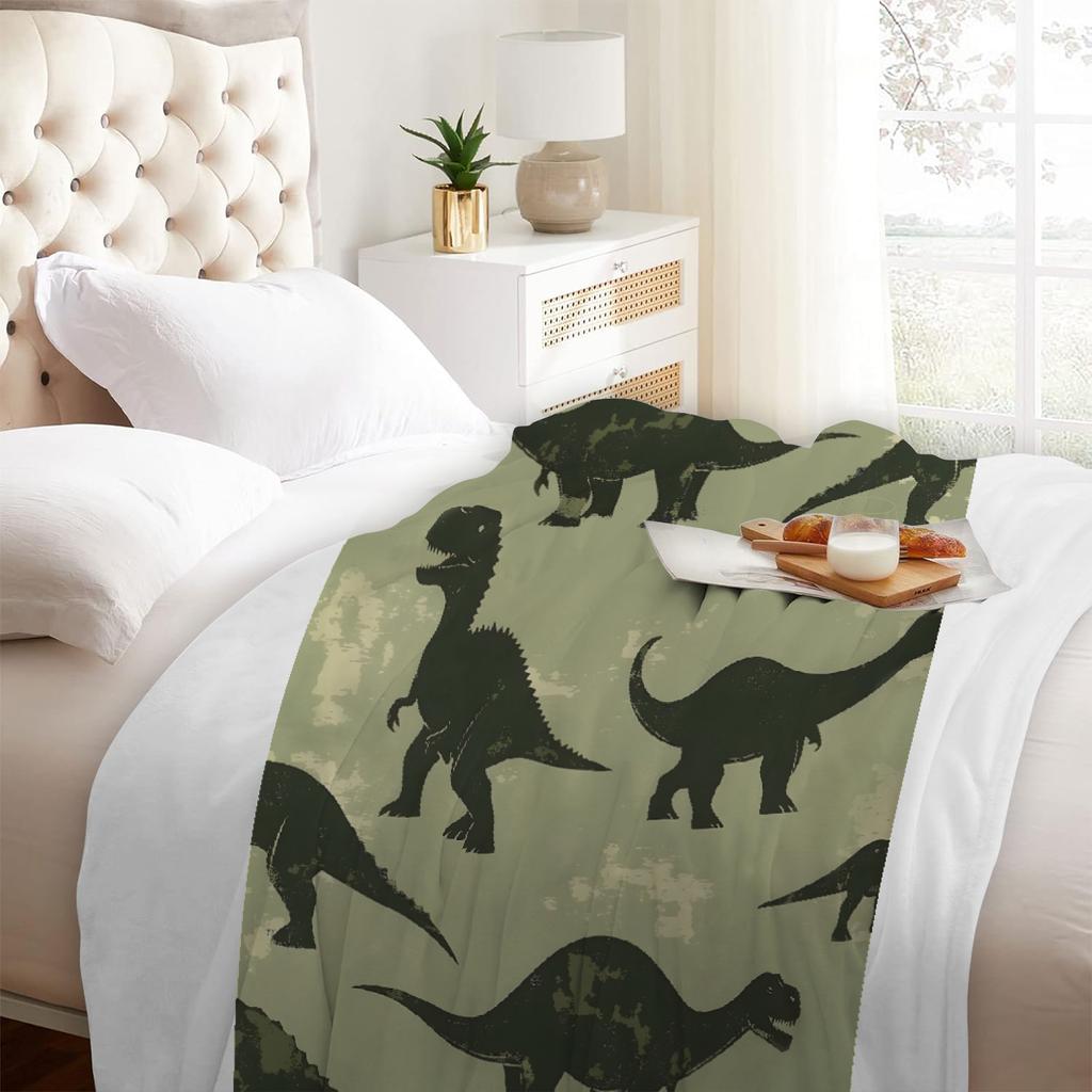1ks Zelená deka Jurské dinosaury potisk Pohodlná flanelová deka pro domácí obývací pokoj ložnici dekor Narozeninový dárek pro chlapce