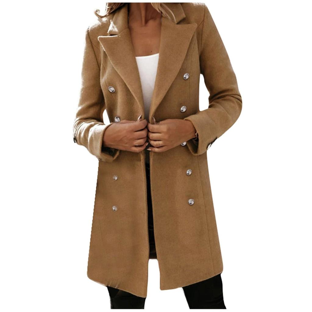 Moda damska z długim rękawem, podwójnym guzikiem, wełniany płaszcz jesienno-zimowy