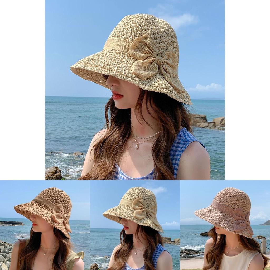 Straw Womens Versatile Hat Wide Brim For Sun Protection With Elegant Knot Bow