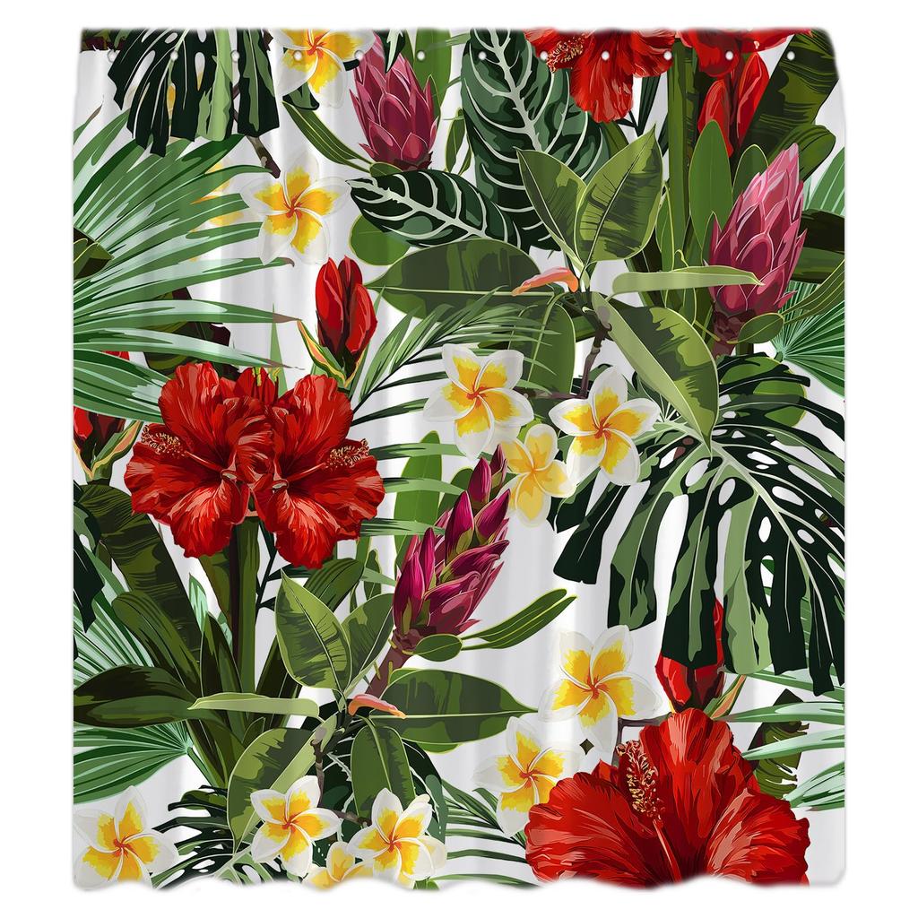 Boho Floral Shower Curtain, Hawaii Tropical Leaves Flower Bath Curtain Botanical Nature Summer Bathroom Decor Curtain with Hooks
