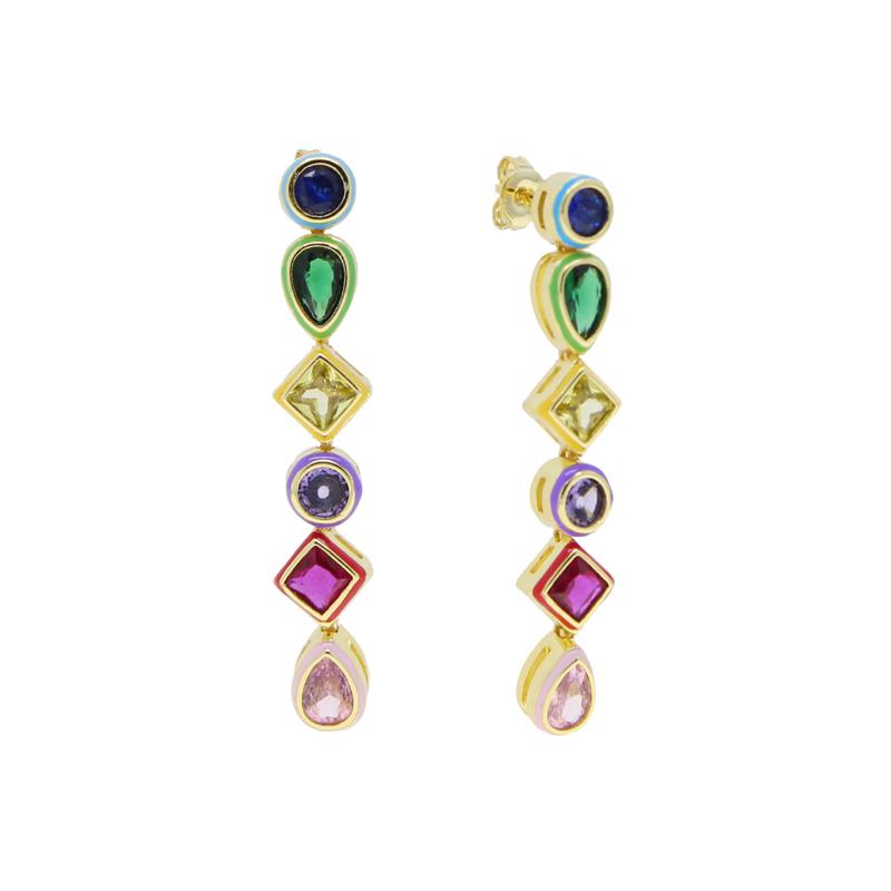 Round Water Drop Geometric Colorful Cubic Zirconia With Neon Enamel Rainbow Fashion Women Girl Dangle Drop Earring