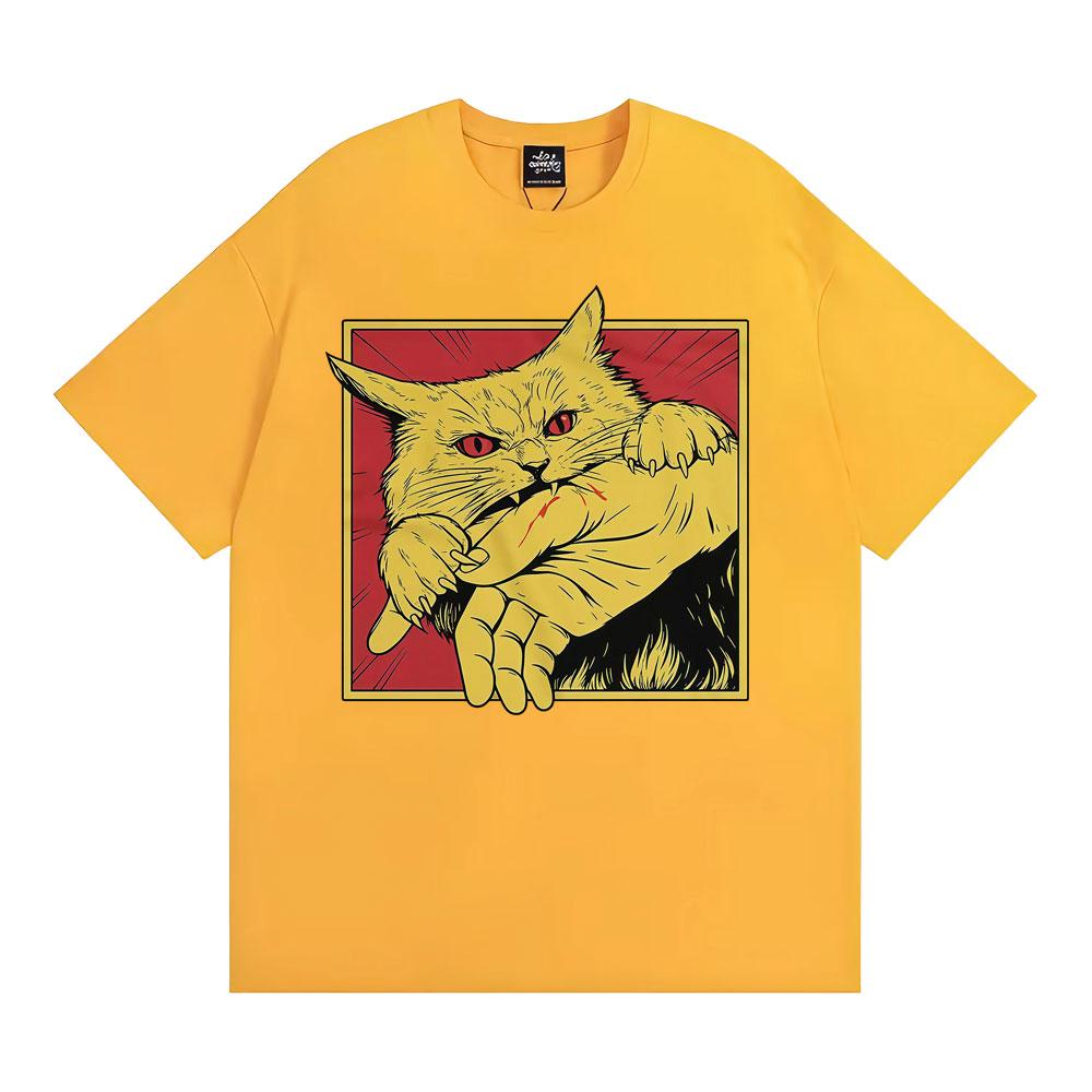 Angry Cat Biting Hand Funny Meme Tee Shirt Unisex Fashion Vintage Oversized T Shirt Men Summer Tops High Quality Cotton Tshirts