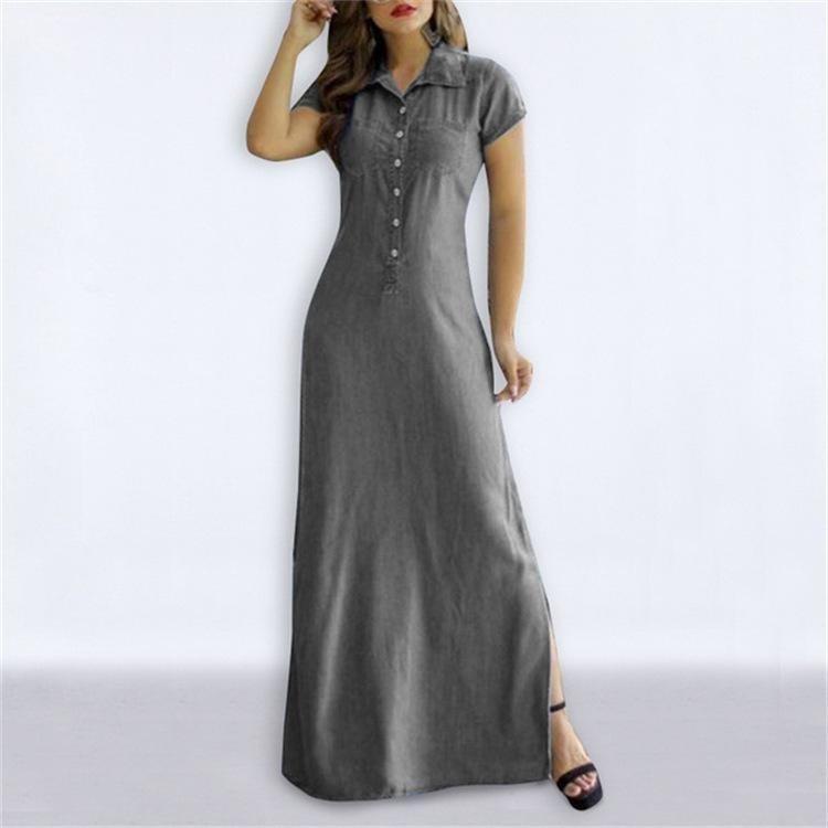 Shirt Collar Denim Maxi Dress Casual Swing Skirt with Slit Pockets European American Style 2022