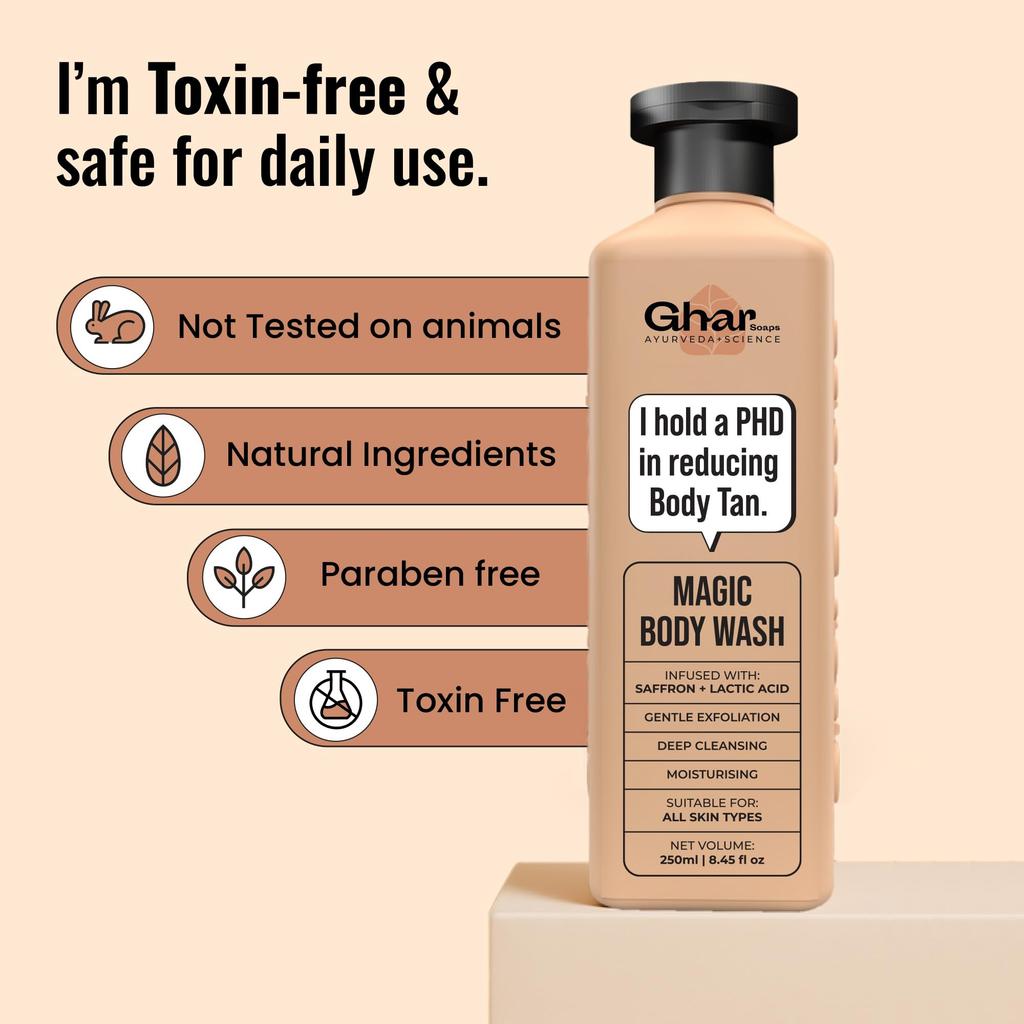 Ghar Soaps Magic De-Tan body wash for tan removal 250ml | Exfoliating Body Wash with Saffron, Lactic Acid & Niacinamide | Reduce Tan & Evens Skin Tone