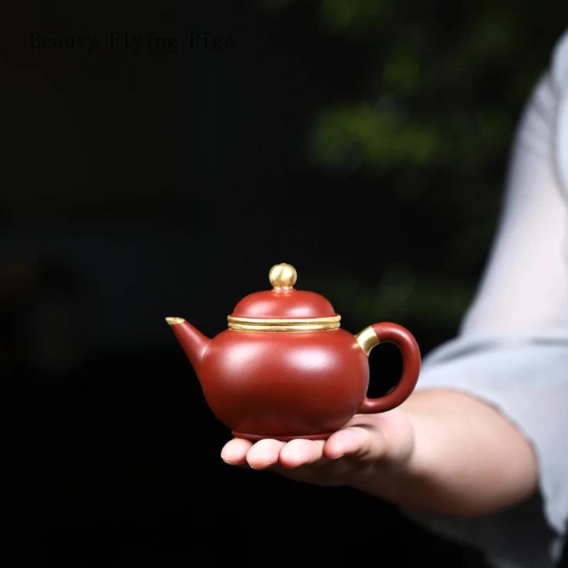Chinese Handmade Gold Painted Purple Pottery Raw Ore Tea Pot, Household Dahongpao Tea Ceremony Tea Set Kung Fu