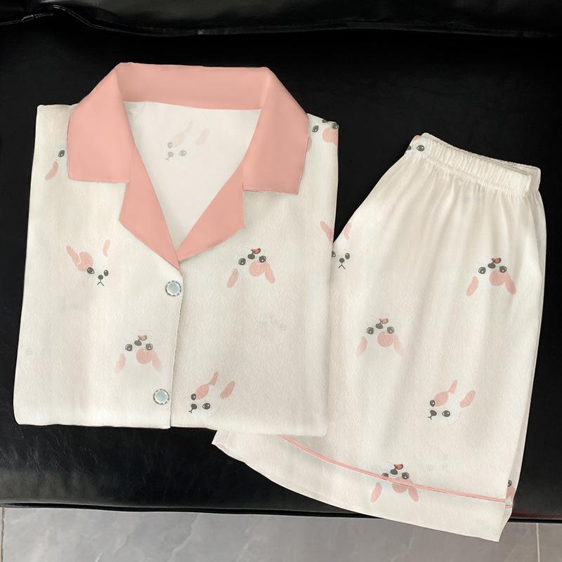 French Fighting Dog Ice Silk Pajamas Women'S Summer Short-Sleeved Suit High-End Loungewear Can Be Worn Outside