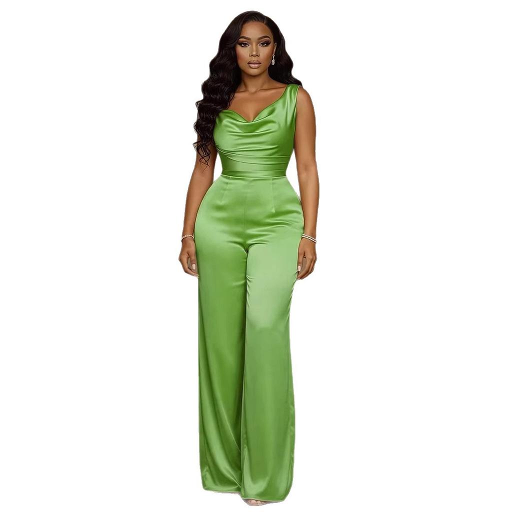 New Style One-piece Pants with Sleeveless Flared Waist Cinched Wide-leg Pants for Women