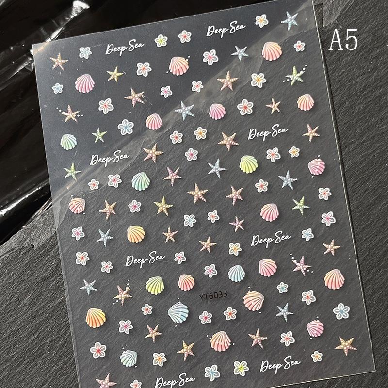 Summer Beach Jellyfish Nail Stickers Colorful Shell Starfish Conch Fish Adhesive Embossed Decals Manicure Foils for Decor