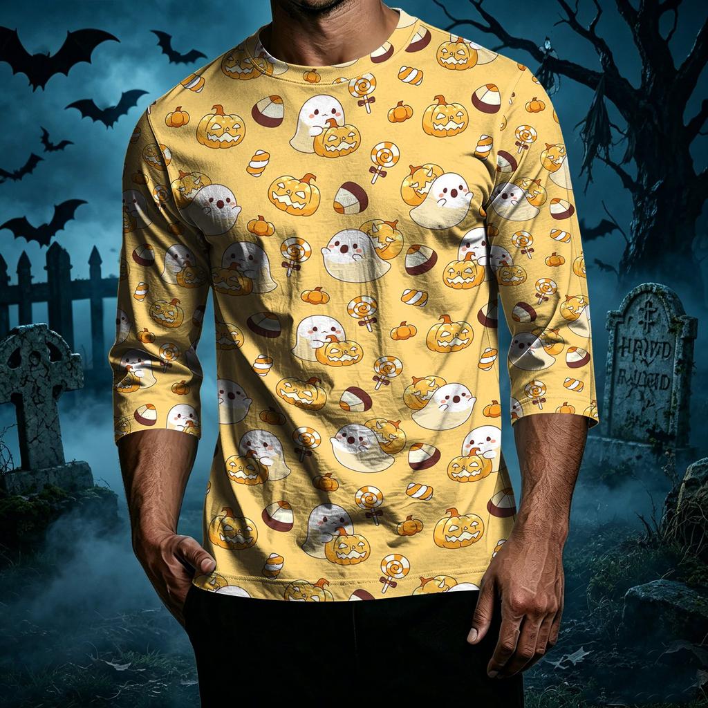 Men Casual Halloween Print Raglan Sleeve T Shirt Crew Neck Three Quarter Sleeve Top Lightweight Comfortable Fit
