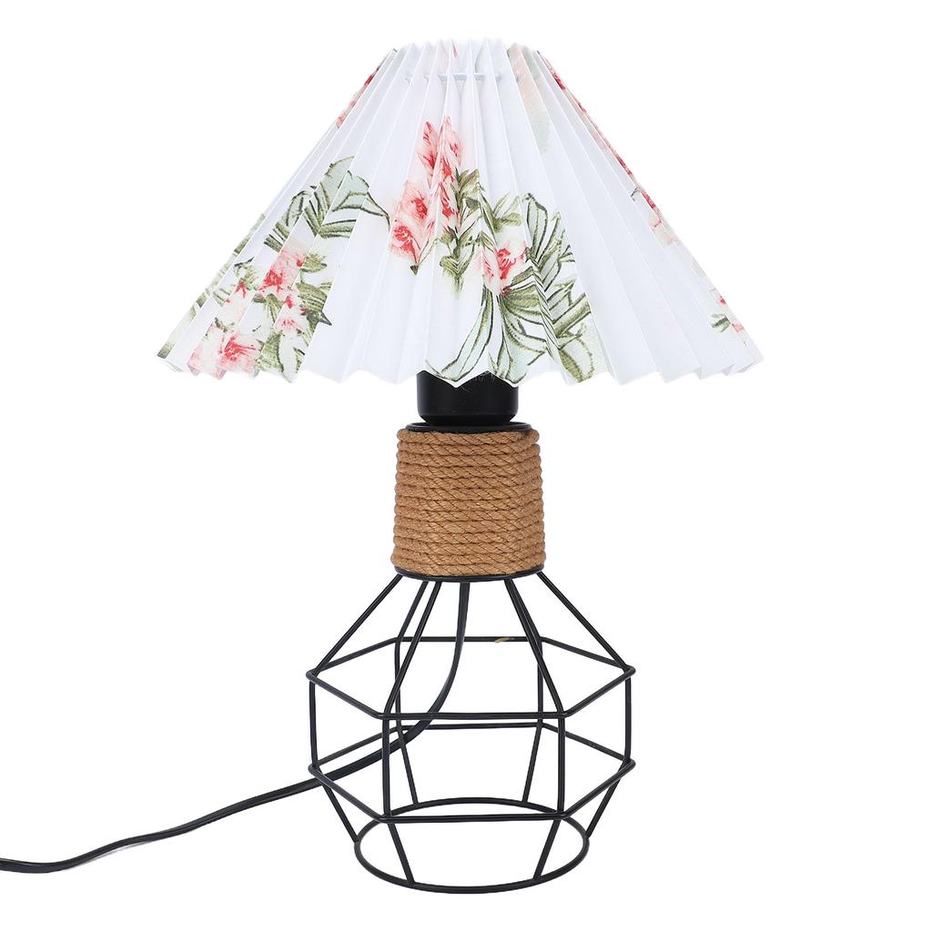 Pleated Lampshade Table Lamp Vintage Jute Rope Iron Geometric Bedside Lamp for Bedroom Living Room Office