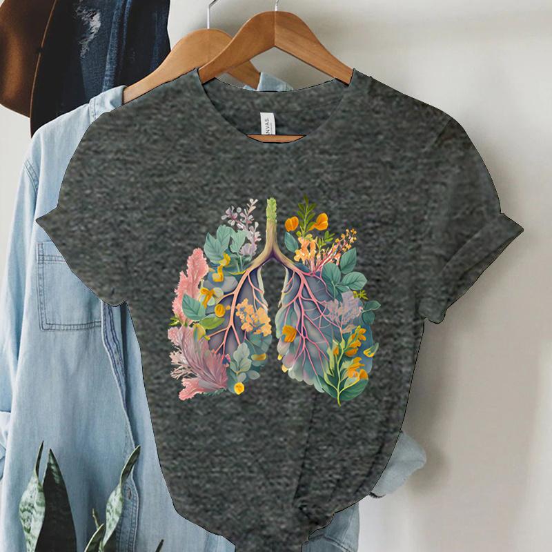 Colorful Anatomical Heart Lungs Tshirt Women Plant Floral Graphic Anatomy Tshirt Top Funny Cardiac Nurse Gift Summer Shirt 2024