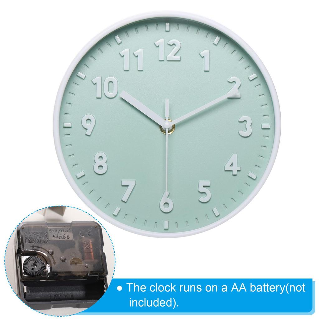 PATIKIL 20 Cm Wall Clock, 3D Numbers, Quartz Movement, Silent, No Tick-Clack, Round Wall Clock, for Office and Bedroom Decoration, Light Green