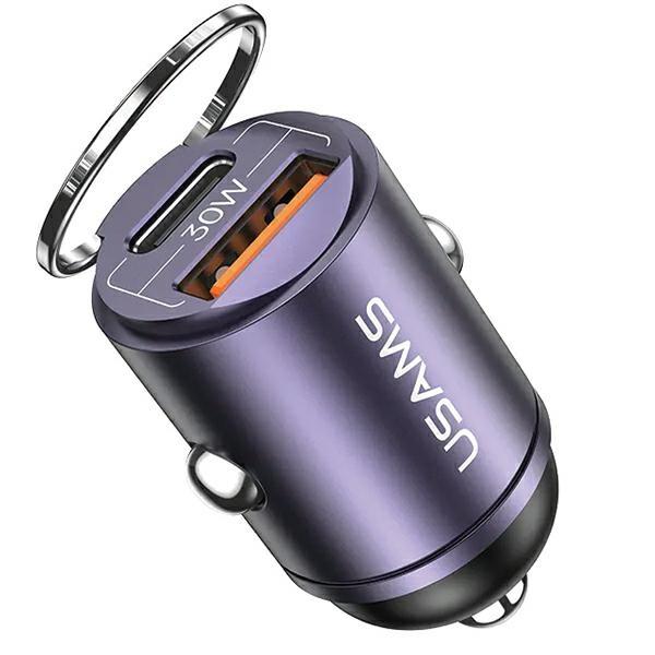 USAMS Car Charger 1xUSB+1xUSB-C C38 30WPD Fast Charge with Built-in Ring Purple CC206CC02 (US-CC206)