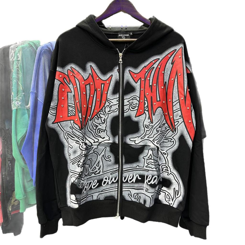 Streetwear kardigan s kapucí s potiskem písmen a kamínky, smíšené emoce