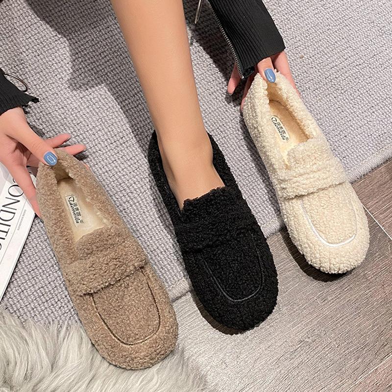 Fashion 2025 Ladies Luxury Lambswool Loafers Moccasins Femme Winter Cotton Shoes Women Warm Plush Slip On Curly Furry Sheep Fur Flats