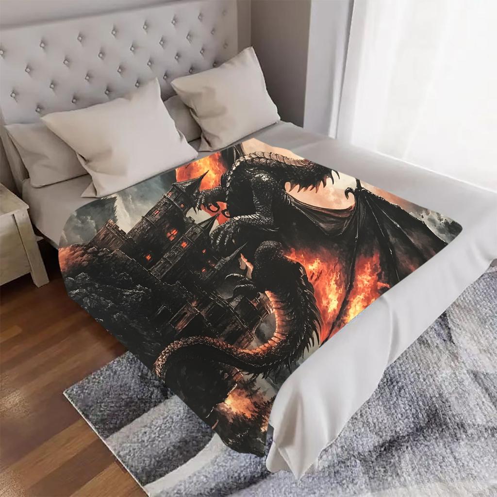 1pc Dragon and Castle Throw Blanket - Dark Gothic Castle & Dragon Design with Fiery Skies - Soft Flannel All-Season Blanket for