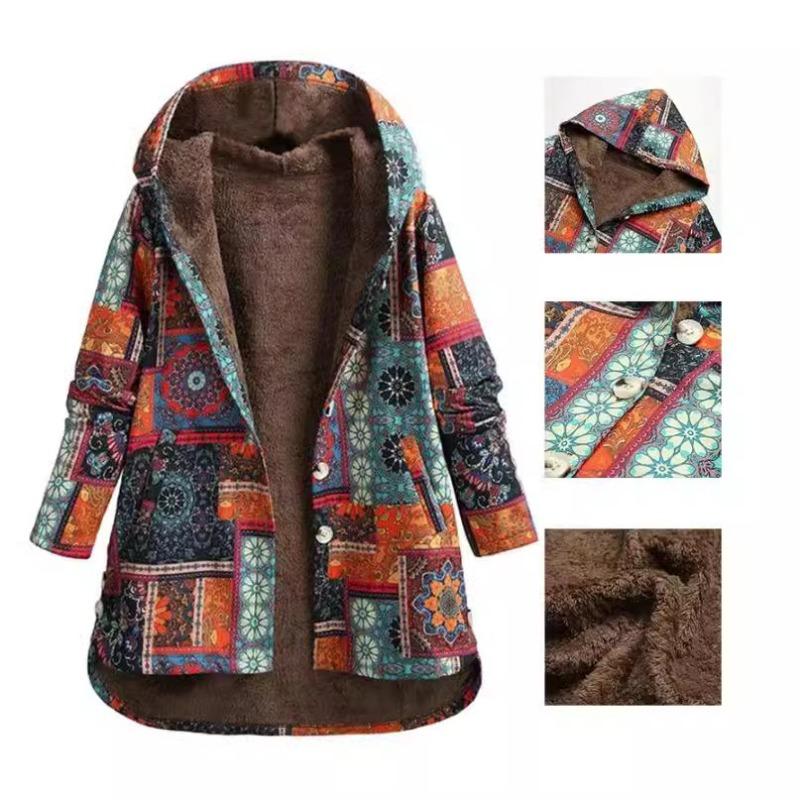 Women Casual Outwear Winter Warm Retro Printed Pockets Zipper Hooded Thicker Coat Plus Size