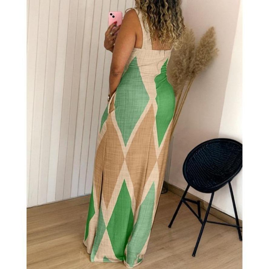 YYFS Women's Fashion Summer Spring Colour Block Print Sleeveless Square Collar High Waist Casual Dresses