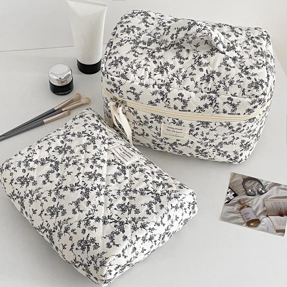 Mode Ins Zwarte Bloemen Dames Gewatteerde Tassen Handtas Reisorganizer Cosmetische Make-up Opbergtas Draagbare Ritssluiting Tote Bag