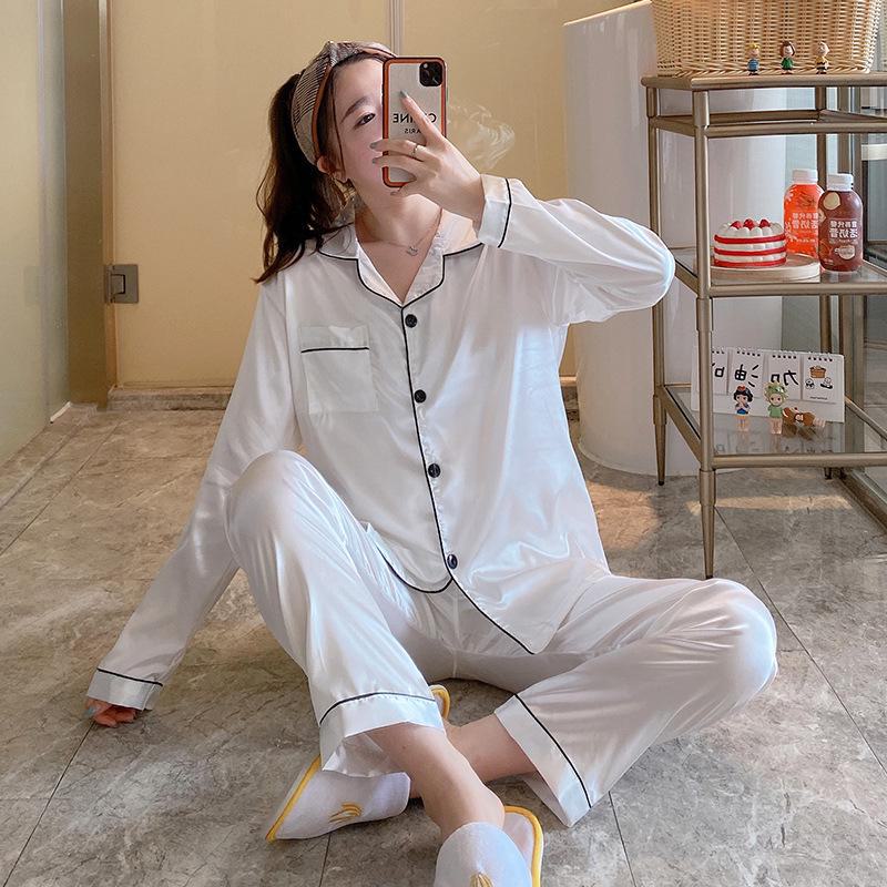 

Женский пижамный комплект из искусственного шелка с длинными рукавами и отворотом, размер плюс L белый