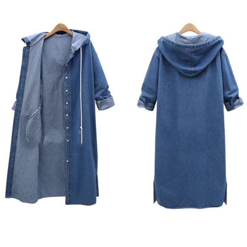 Veste en jean à capuche à manches longues pour femmes grande taille printemps automne coupe-vent long simple boutonnage