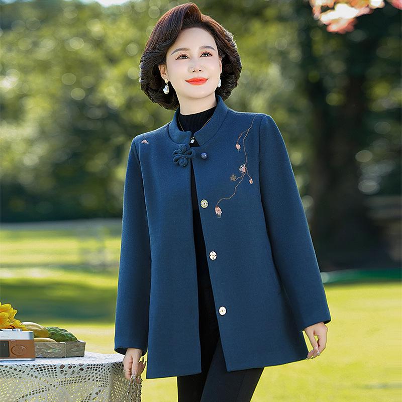 Stylish Woolen Coat for Middle-Aged and Elderly Women - Spring & Autumn Round Neck Top for Mothers & Grandmothers