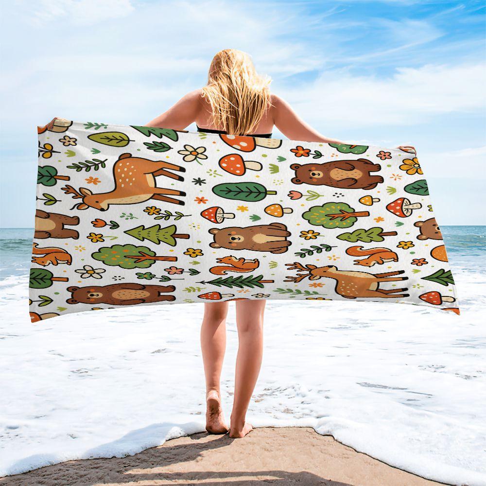Woodland Bear Deer Beach Towel Pool Towel Camping Towel Bath Towel Blanket HD Print Nature Outdoor Towel