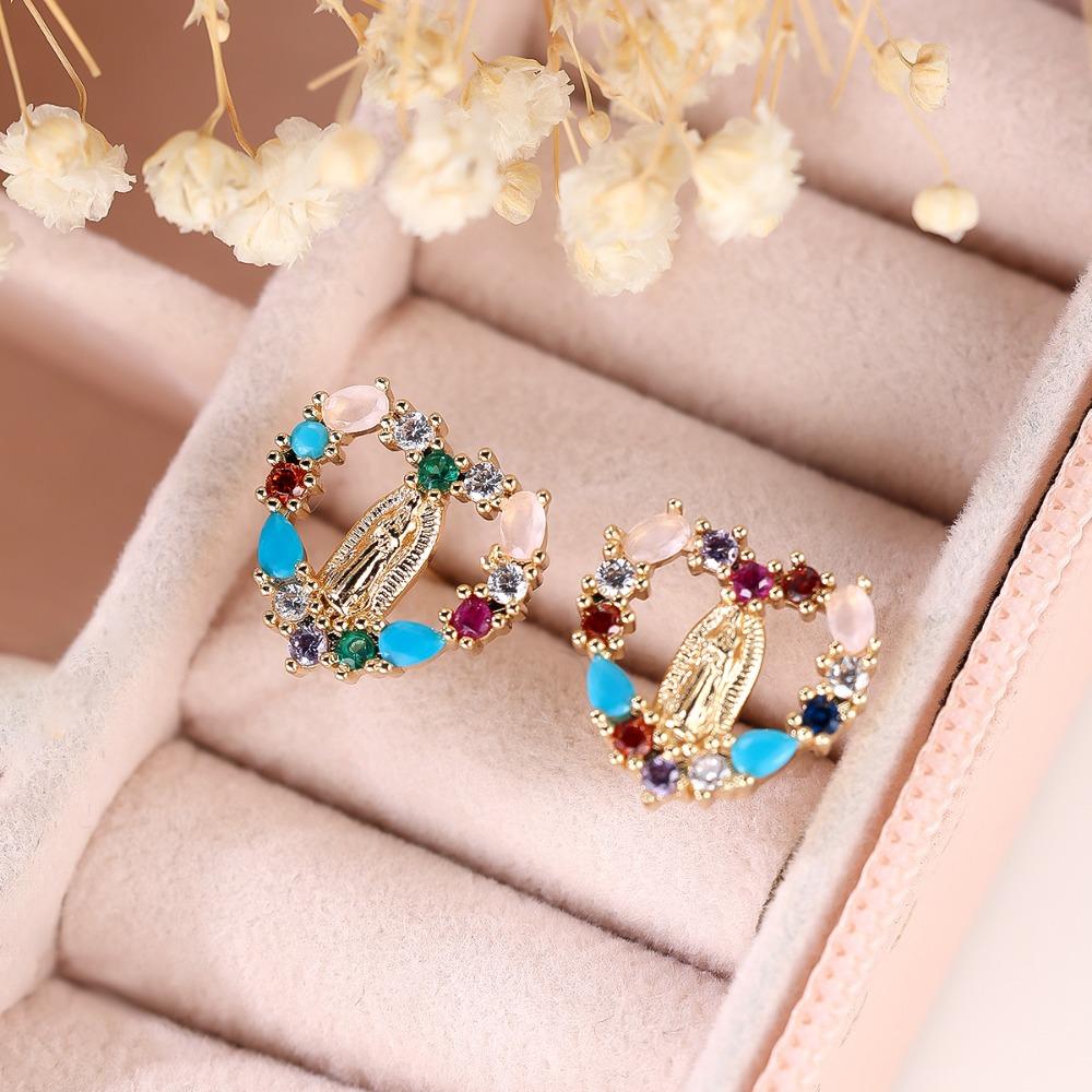 Women's Crystal Rainbow Stone Heart Nut Earrings Vintage Wedding Jewelry Yellow Gold Color Luxury