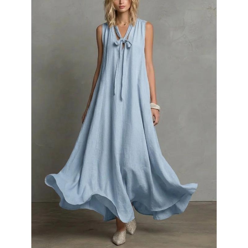 QICED Fashion Summer Spring Solid Color Print Sleeveless V-Neck Casual Dresses