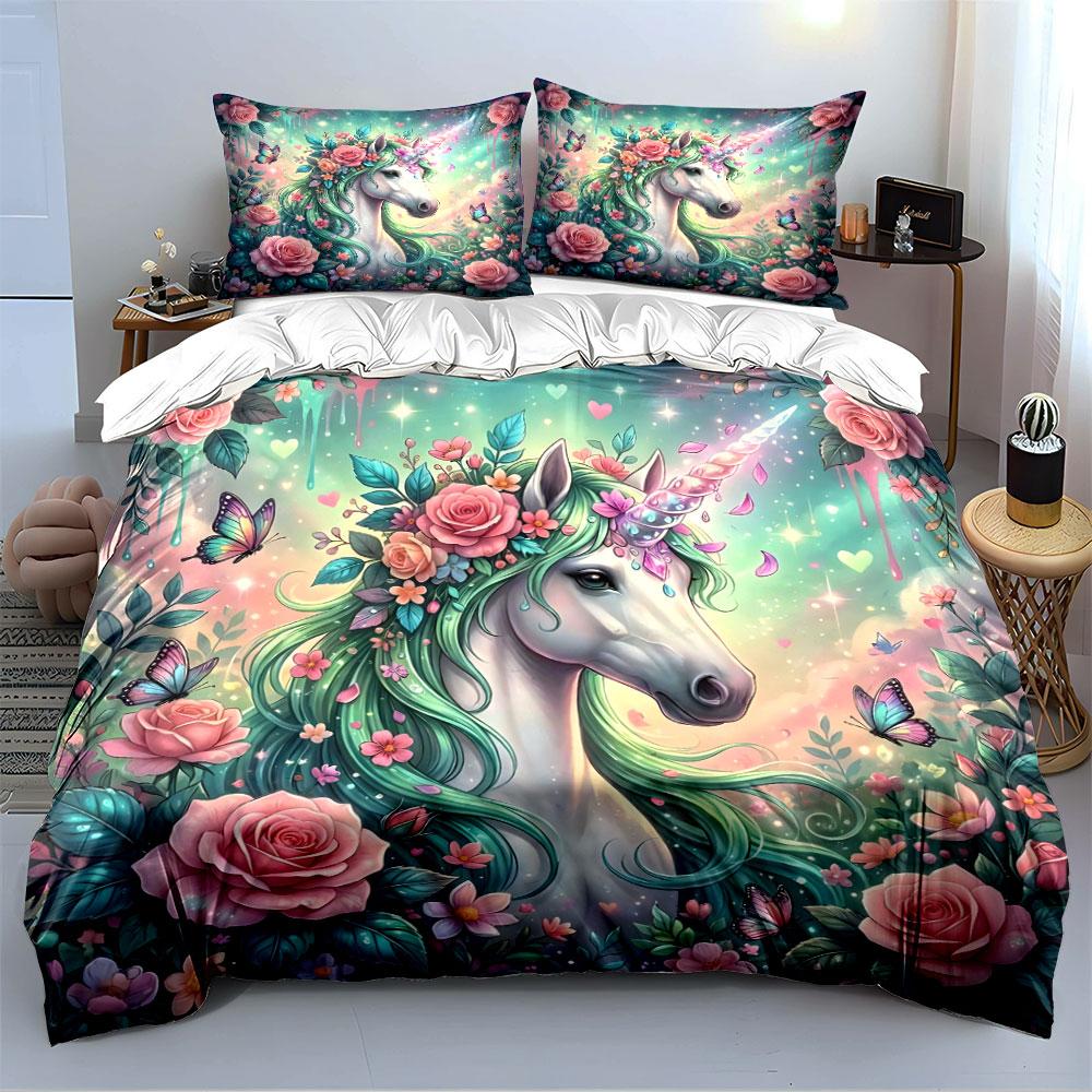 Unicorn with Flowers and Butterflies Bedding Duvet Cover Set (1*Duvet Cover 2*Pillowcases, without duvet insert)