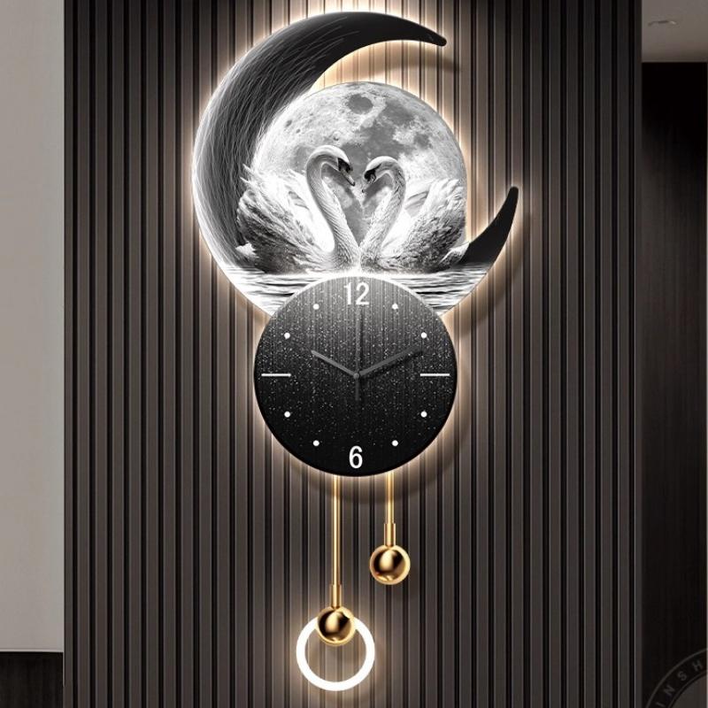 Nordic Living Room Swan Wall Clock Villa LED Digital Clock Restaurant Mute Quartz Clock Luxury Corridor Mural Watch Home Decor
