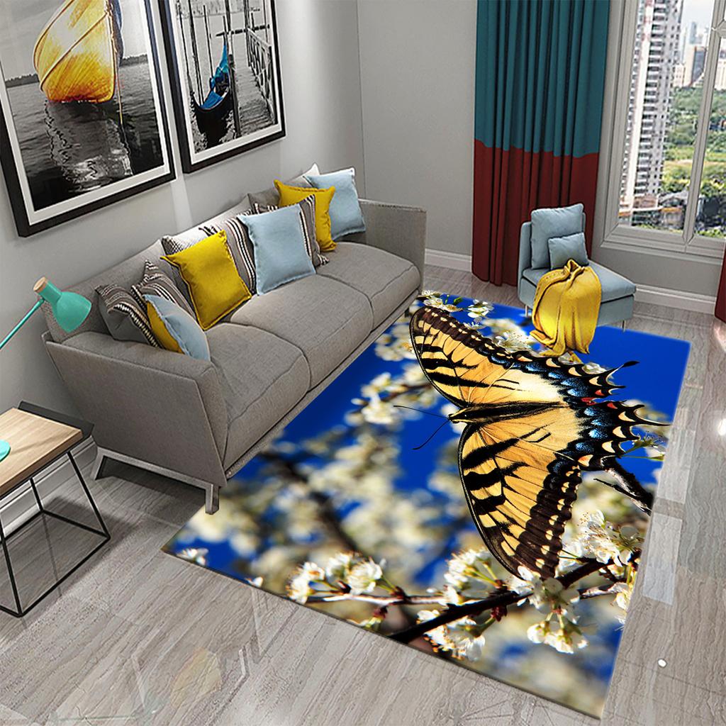 3D Bunter Schmetterling Blume Teppich Teppich für Wohnzimmer Schlafzimmer Sofa Küche Badezimmer Fußmatte Rutschfeste Bodenmatte Geschenk Heimdeko