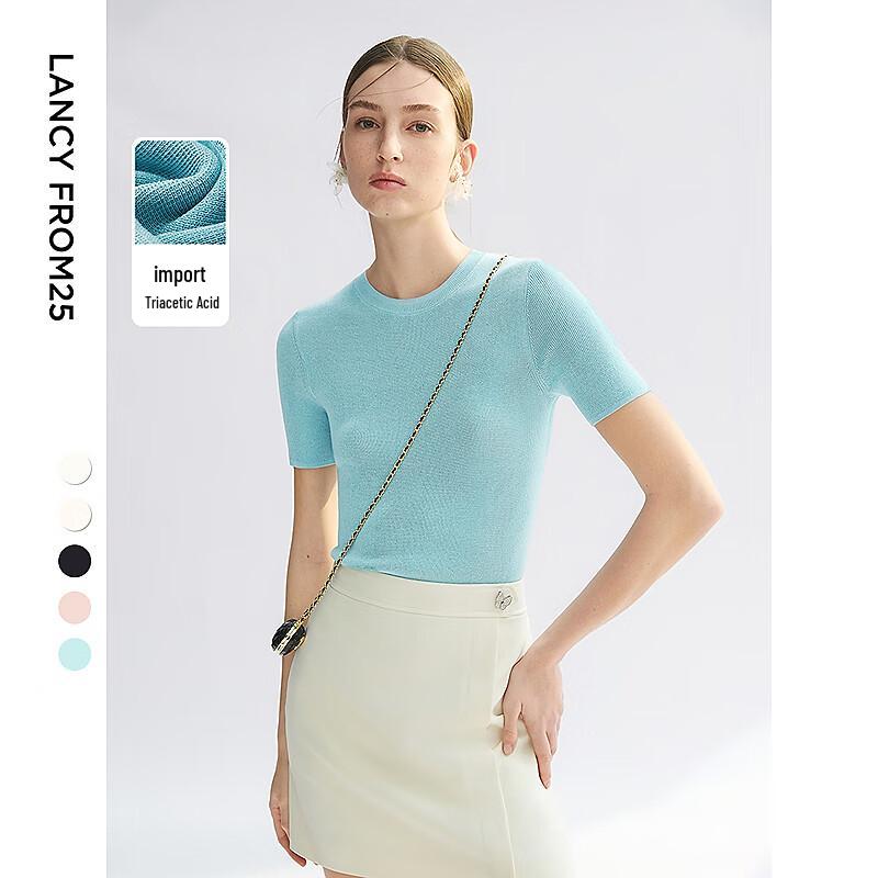 Langzi Triacetate Round Neck Knit Short Sleeve Top