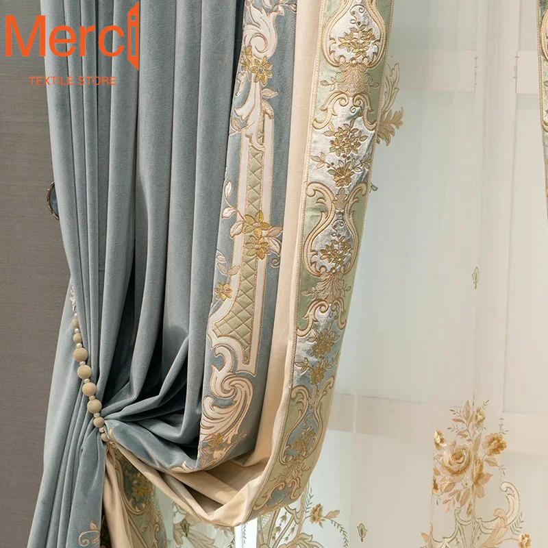 Luxury European Embroidered Thickened Blue Polyester Curtains Living Room Bedroom Lace Valance Tulle Curtain Light Blocking Ideal For Great