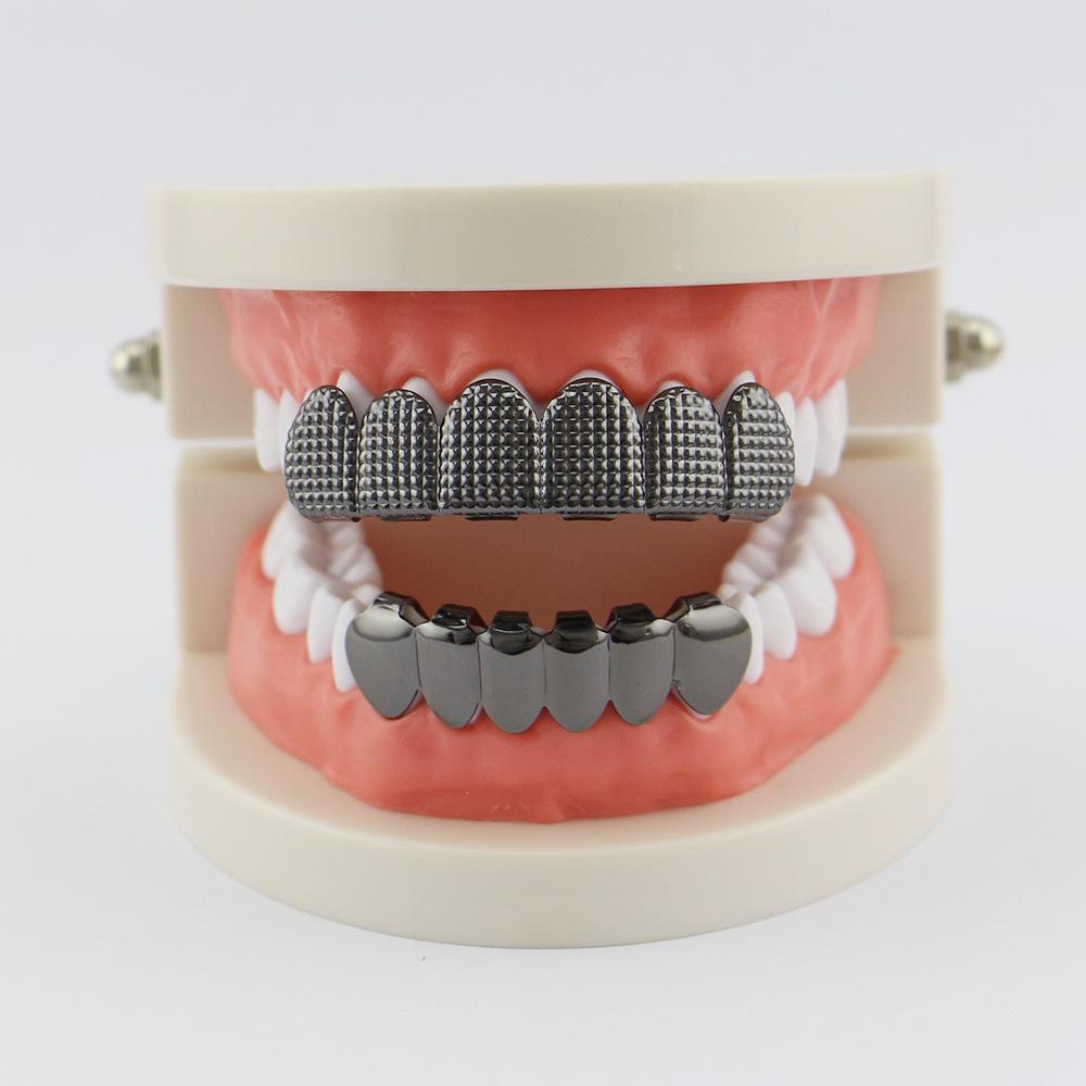 HIOHOP Lattice Pattern 18K Gold Plated Hip Hop Grillz - Top & Bottom Six Teeth Fashion Accessory.