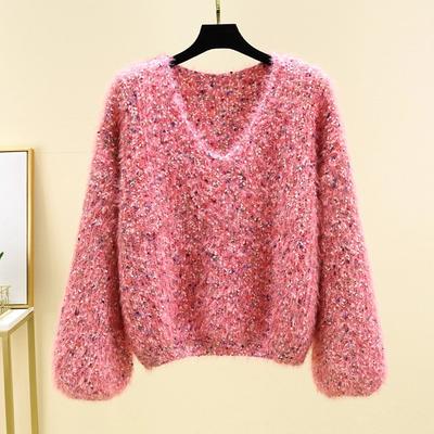 Jesień Zima Damski Słodki Sweter z Dzianiny Moherowej z Miękkim Futrem z Dekoltem w Serek Świąteczny Pulower Bluzki