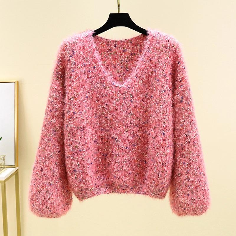 Autumn Winter Women Sweet V-neck Soft Furry Mohair Knitted Sweater Christmas Pullover Tops