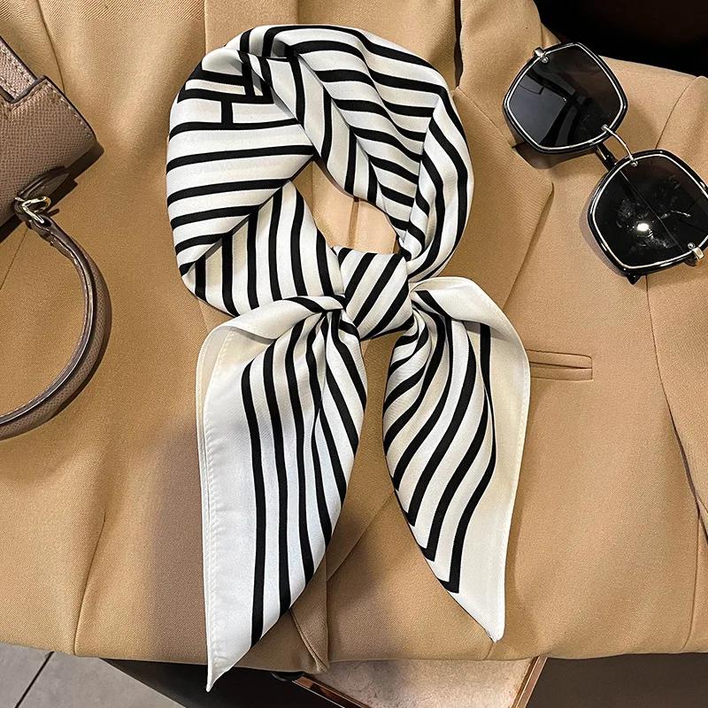 Luxury Skinny Square Scarf Women Stripe Print Neckerchief Hairband Lady Soft Satin Hijab Headband Bag Ribbon Foulard Office Gift