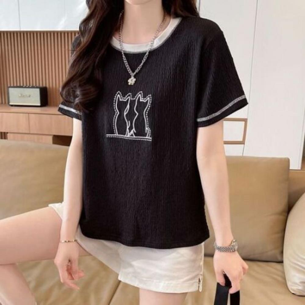 Navava Women CaT PrinTing Color Block Round Neck ShorT Sleeve T shirT nT3274
