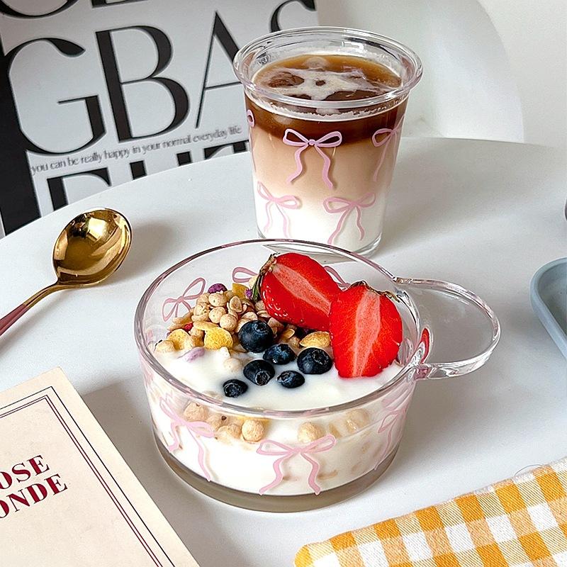 Cute Pink Bow Glass Cup Coffee Cup Mug Eespresso Iced for Summer DIY Drinks Drinkware Yogurt Cup Salad Bowl Fruit Dessert Bowl