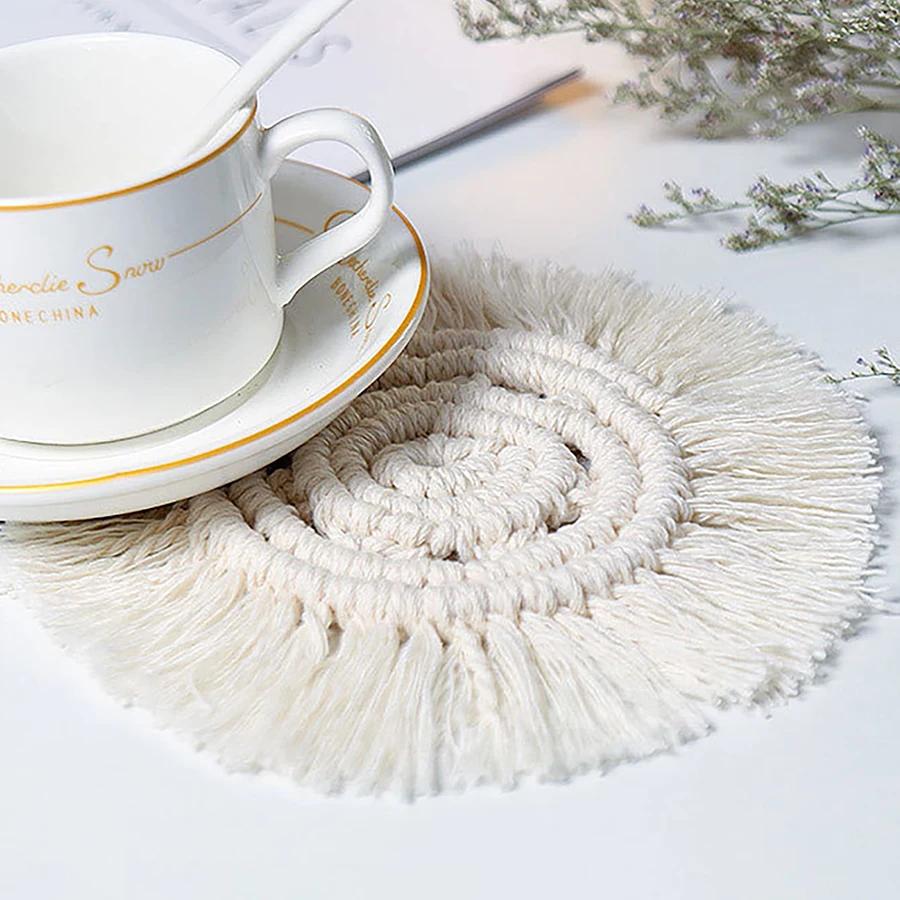 1pc/2pcs-Round Braid Coaster Tassel Placemat Handmade Cup Cushion Non-slip Cup Mat Coffee Pad Table Decor For Restaurant Use