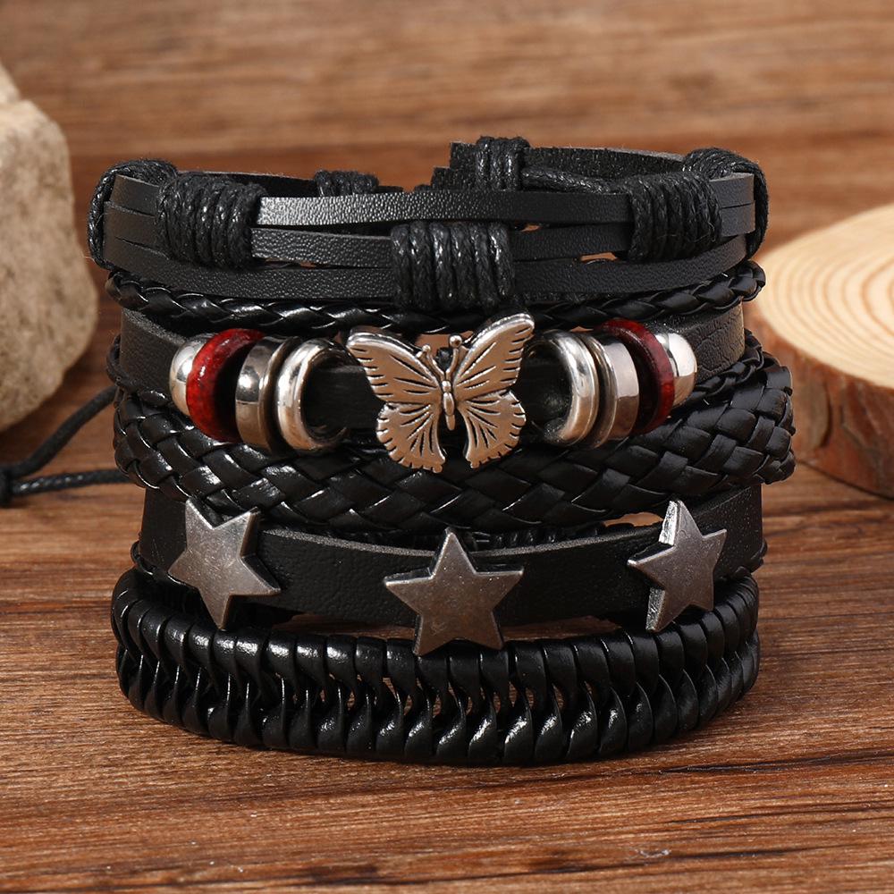 Armbandset med flerskiktat läder och skalle, nit - femdelat mode för män