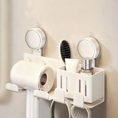 Carbon Steel Suction Cup Hair Dryer Holder No-Drill Large Capacity Hair Dryer Storage Rack Wall Mounted Space Saving