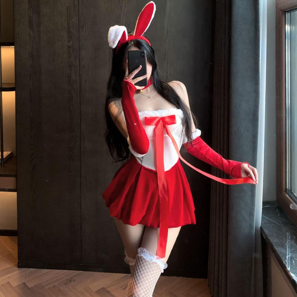 Bunny Girl Lace-Up Nightwear: Lingerie Pajamas with Removable Bow for New Year & Christmas