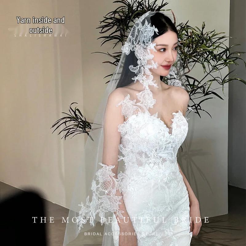 

Vintage Lace Long Train Veil for Wedding Photography & Styling 1.5*2m Half Circle Lace [Medium Stiff Tulle]